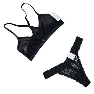 Auden Womens Black Mesh Bralette and Lace Thong Lingerie Set Size Medium M‎ 8-10